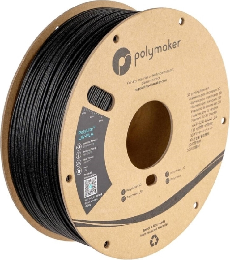 Polymaker Pa08001 Filament Lw-Pla Mat, Lav Massefylde 1.75 Mm 800 G Sort Polylite™ 1 Stk