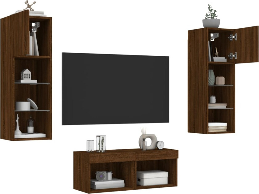 Vegghengte TV-benker med LED 4 stk brun eik