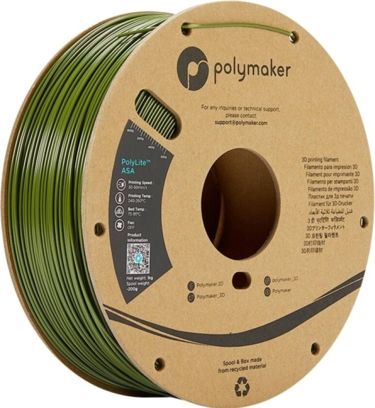 Polymaker Pf01009 Army Green Filament Asa Vejrbestandig, Uv-Bestandig, Varmebestandig 1.75 Mm 1000 G Army Grøn Polylite™ 1 Stk