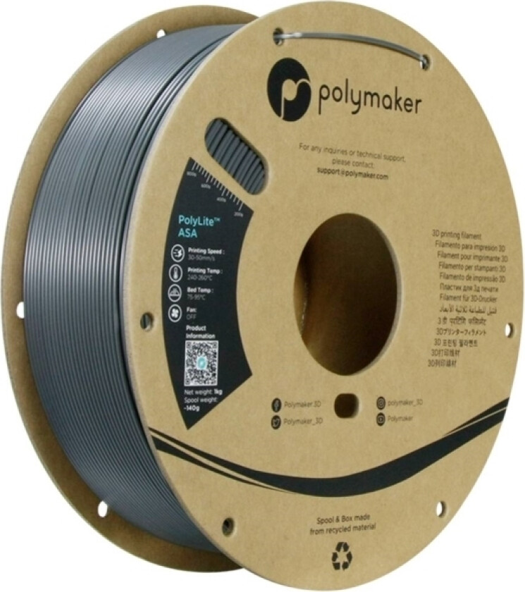 Polymaker Pf01037 Dark Grey Filament Asa Uv-Bestandig, Vejrbestandig, Varmebestandig, Slagfast 1.75 Mm 1000 G Mørkegrå Polylite™ 1 Stk
