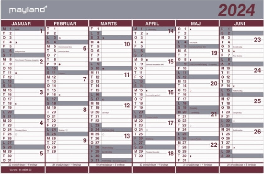 Kontorkalender Dobbelt Halvårskalender 2024