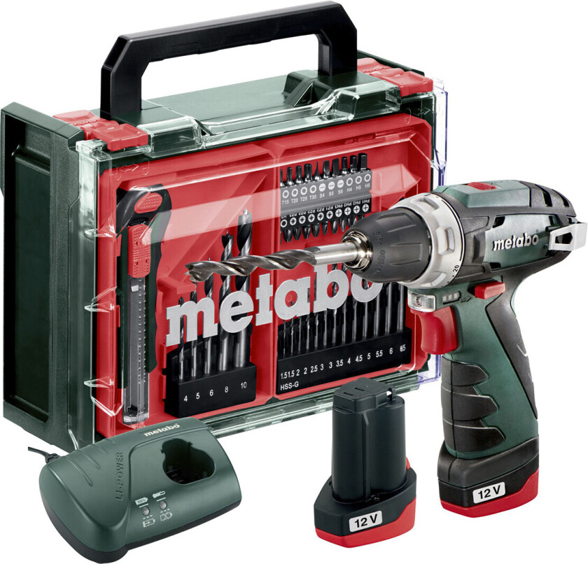 PowerMaxx BS Basic bore-/sagmaskinsett - 12V, 2x2Ah Li-Power-batterier, LC 40-lader - 41 deler