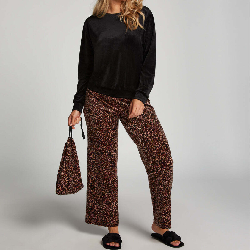 Leopard Velour pyjamas, svart, Størrelse: XS, Kvinner