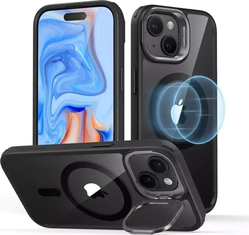 iPhone 15 Classic Kickstand Halolock Deksel - MagSafe Kompatibel - Gjennomsiktig / Svart