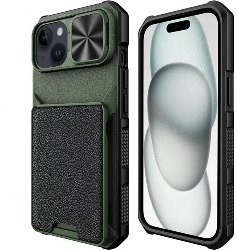 iPhone 15 Hybrid Håndverker Deksel m. Kortholder & Cam Slider - MagSafe Kompatibel - Grønn / Svart