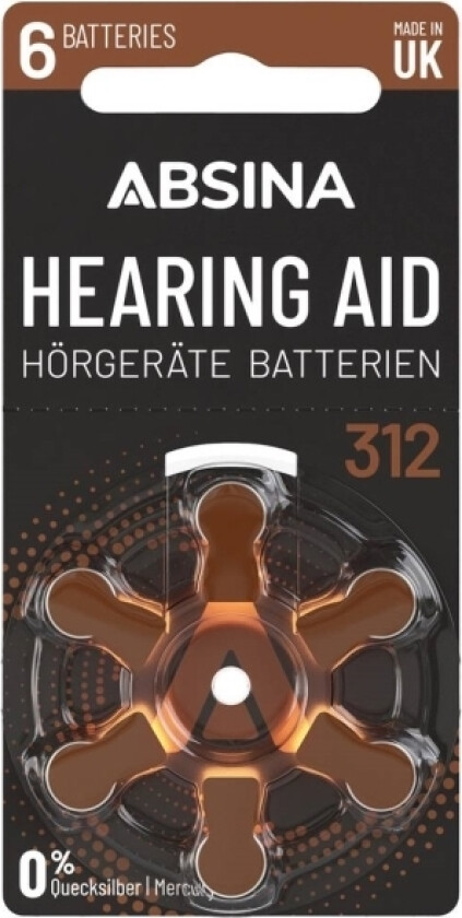 Za 312 Høreapparatbatteri Zink-Luft 1.4 V Absina Pr41 6 Stk