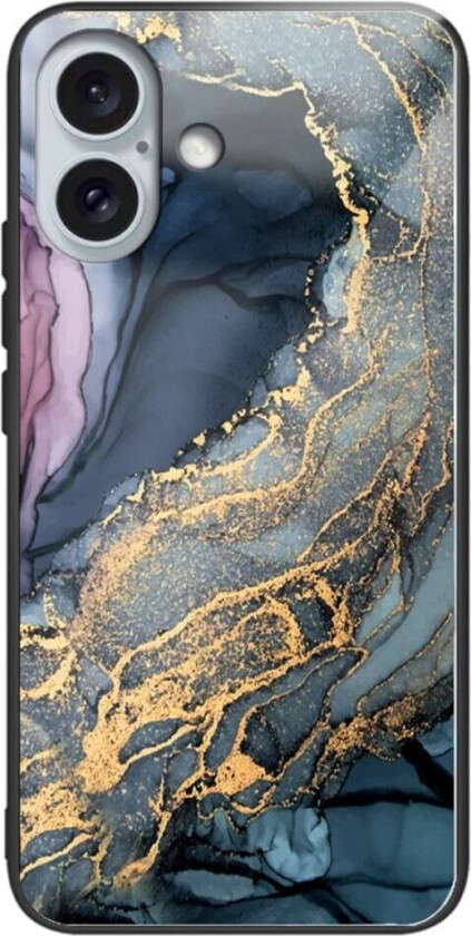 iPhone 16 Fleksibel Plastik Deksel m. Glassbakside - Blå / Gull Sky