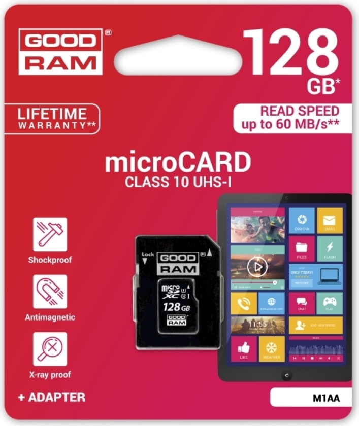 Goodram 128 Gb Micro Sdxc, 128 Gb, Microsdxc, Class 10, Uhs-I, 60 Mb/S, Svart