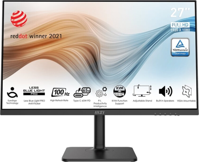 Msi Modern Md272xpde - Led-Skjerm - 27" - 1920 X 1080 Full Hd (1080P) @ 100 Hz - Ips - 300 Cd/M² - 1000:1 - 1 Ms - Hdmi, Displayport, Usb-C - Høyttal
