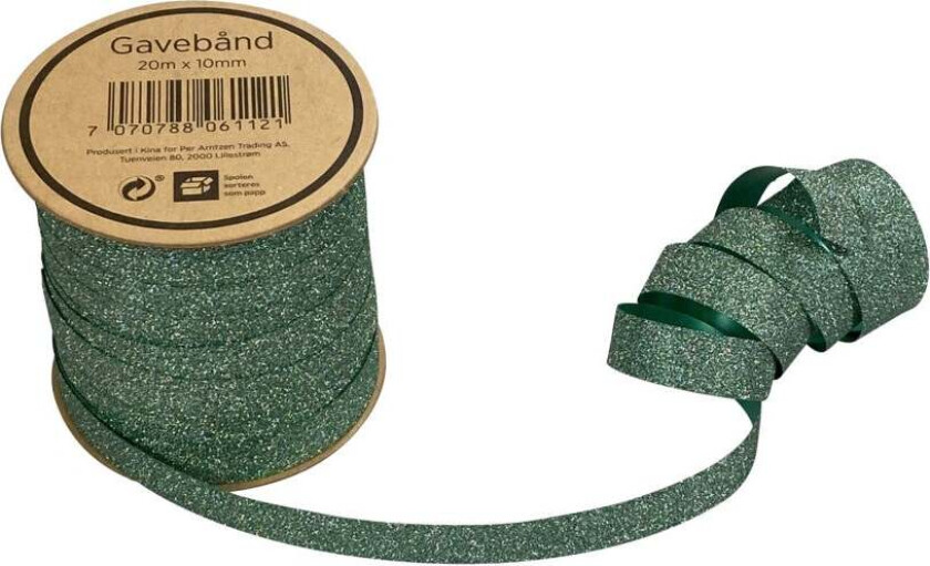 Gavebånd 20m x 10mm grønn glitter