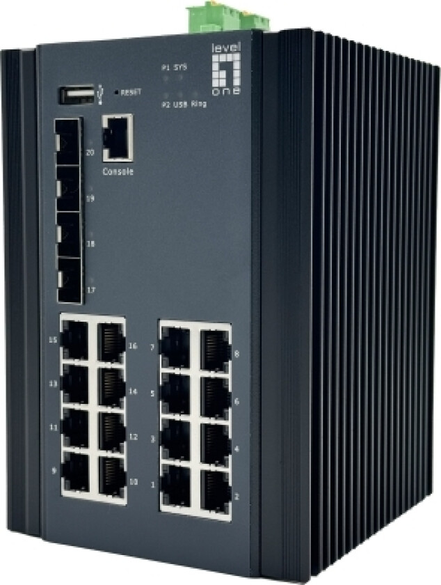 Levelone 20-Port L2 Plus Managed Gigabit Industrial Switch, 16X 1Gbe Rj45, 4X 1/2.5Gbe Sfp, Din-Rail, -40°C To 80°C