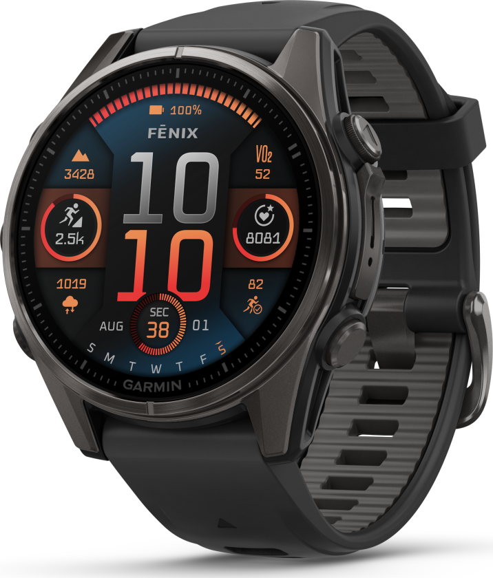 Fenix 8 43 mm Sapphire, Carbon Gray DLC Titanium with Black/Pebble Gray Silicone Band