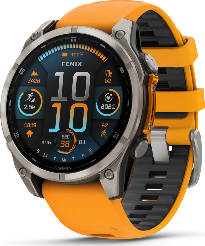 Fenix 8 47 mm Sapphire, Titanium with Spark Orange/Graphite Silicone Band