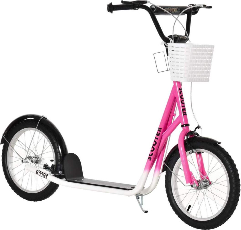 Bilde av Barnescooter med bremsekurv, høydejusterbar for 5-12 barn, sparkesykkel, sparkebrett, aluminiumslegering, gummi, rosa + hvit