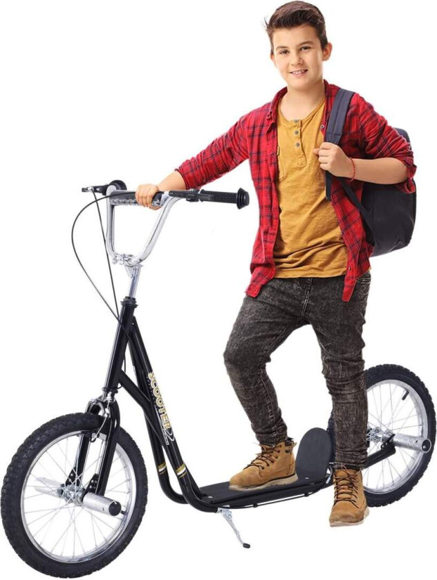 Bilde av Barnescooter med pneumatiske dekk, sparkesykkel, byscooter for barn, kickboard, 16 tommer fra 5 år, høydejusterbar, svart