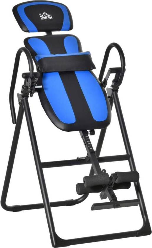 Inversjonsbenk sammenleggbar gravitasjonstrener med bevegelige hjul, justerbar ryggpute, metall ABS, svart + blå, 132x71x145cm