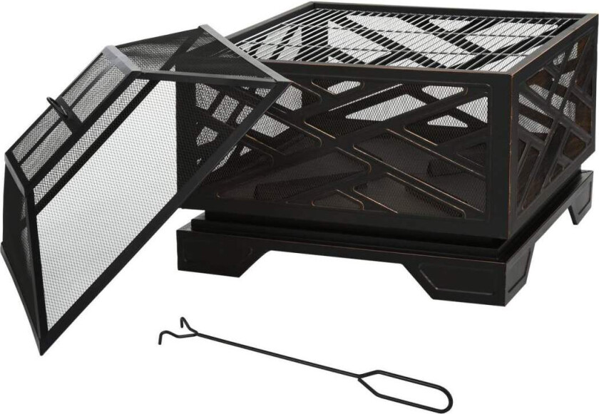 Brannskål med gnistbeskyttelse, bålkurv med grillrist og poker, 2-i-1 BBQ-grill, metall, svart, 66x66x66cm