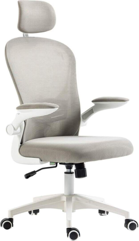 Kontorstol med justerbar hodestøtte, ergonomisk skrivebordsstol med oppbrettbar arm, opptil 120 kg, grå