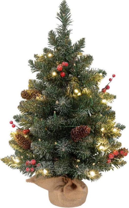 Kunstig juletre, 0,6 m juletre med kongler, 86 grenspisser med 50 varmhvite lysdioder, til julebord, innendørs, grønn + hvit