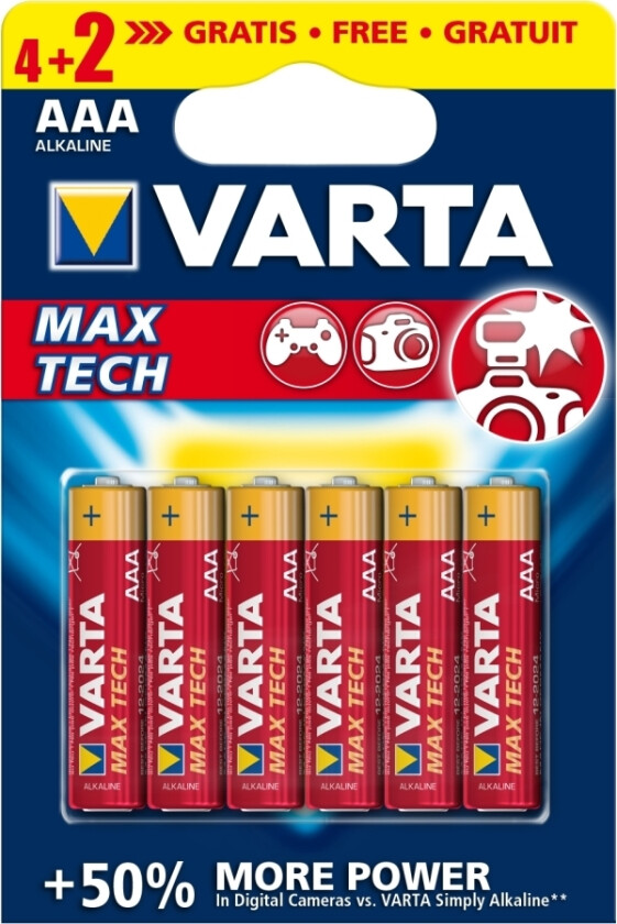 Aaa Max Tech, 4+2Pcs, Engangsbatteri, Aaa, Alkalinsk, 6 Stykker, Rød, Gult, Sylindriske