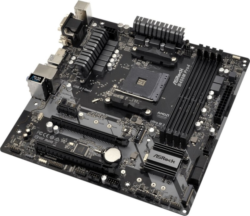 Asrock B450m Pro4 - Hovedkort - Mikro Atx - Socket Am4 - Amd B450 Chipset - Usb 3.1 Gen 1, Usb-C Gen2, Usb 3.1 Gen 2 - Gigabit Lan - Innbygd Grafikk