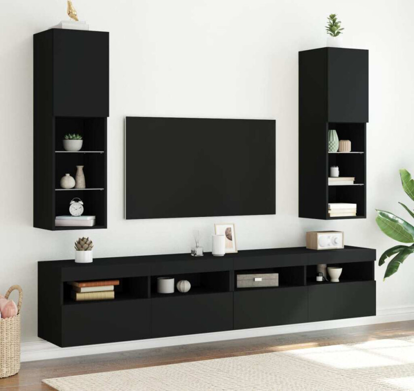 TV-benker med LED-lys 2 stk svart 30,5x30x102 cm