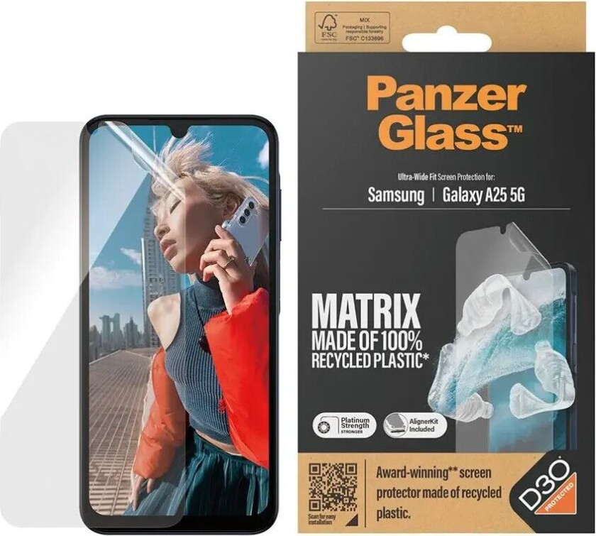Samsung Galaxy A25 (5G) Matrix AntiBacterial Ultra Wide Fit Skjermbeskyttelse - AlignerKit - Platinum Strength - Gjennomsiktig