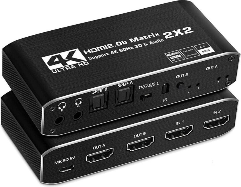 NÖRDIC HDMI Matrix switch 2X2 med avtrekker 4K60Hz RGB 8: 8: 8 18Gbps 3D HDR HDCP2.2