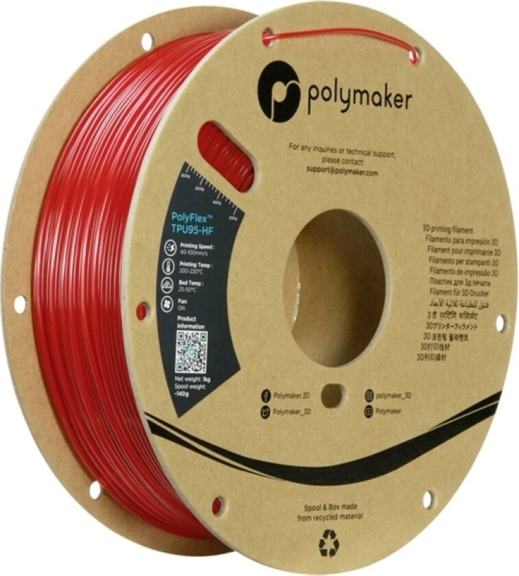 Polymaker Pd03007 Tpu95-Hf Filament Tpu, Fleksibelt Glødetråd Fleksibel, Highspeed Filament, Uv-Bestandig 1.75 Mm 1000 G Rød Polyflex™ 1 Stk