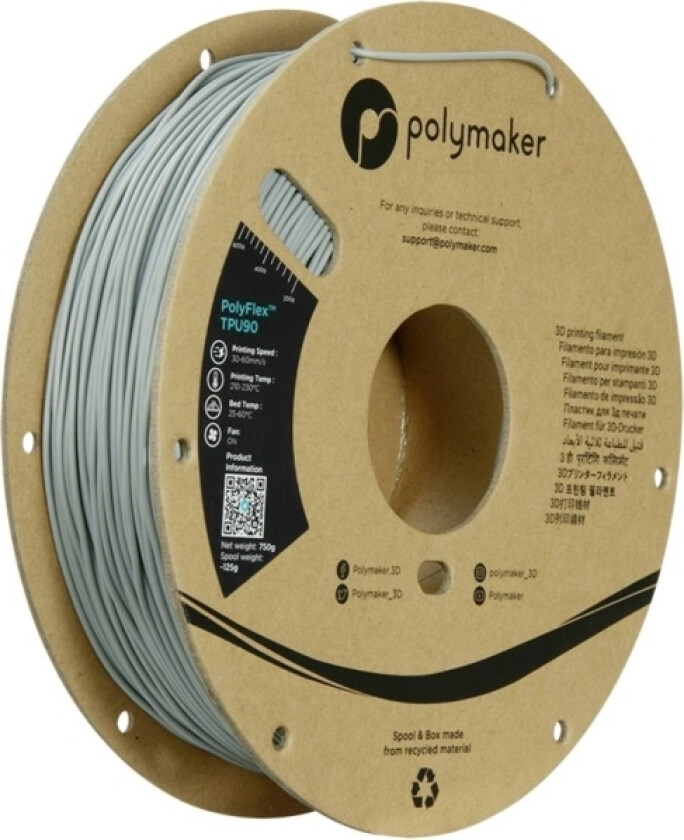 Polymaker Pd02003 Tpu90 Filament Tpu Fleksibel 1.75 Mm 750 G Grå Polyflex™ 1 Stk