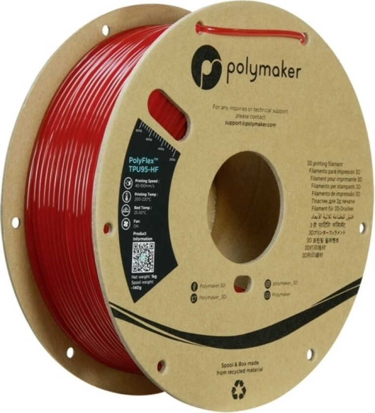 Polymaker Pd03008 Tpu95-Hf Filament Tpu, Fleksibelt Glødetråd Fleksibel, Highspeed Filament, Uv-Bestandig 2.85 Mm 1000 G Rød Polyflex™ 1 Stk