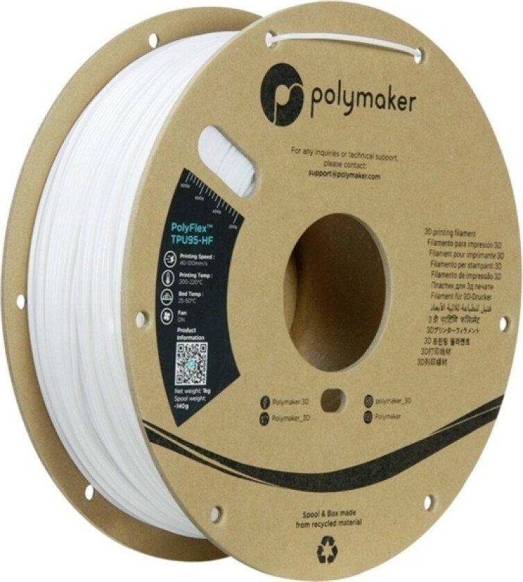 Polymaker Pd03002 Tpu95-Hf Filament Tpu, Fleksibelt Glødetråd Fleksibel, Highspeed Filament, Uv-Bestandig 1.75 Mm 1000 G Hvid Polyflex™ 1 Stk