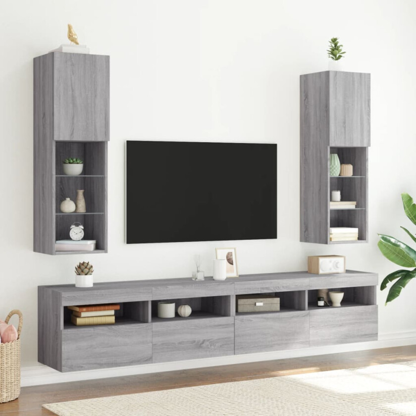 TV-benker med LED-lys 2 stk grå sonoma 30,5x30x102 cm