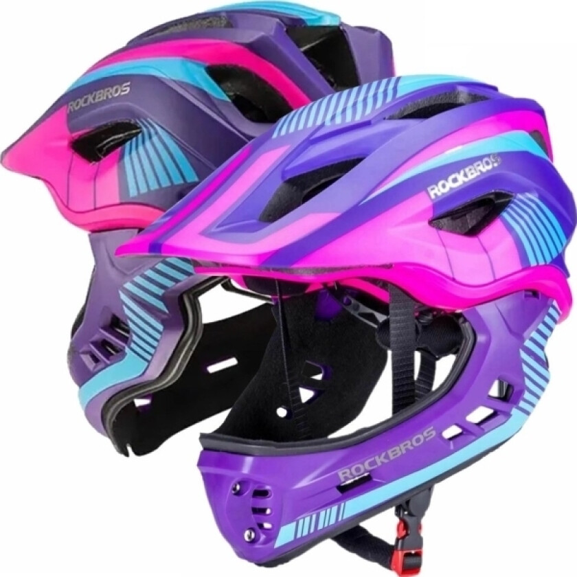 Rockbros Tt-32Sbpp-M Barnesykkelhjelm Med Avtagbar Hakestang, Størrelse M - Lilla-Rosa