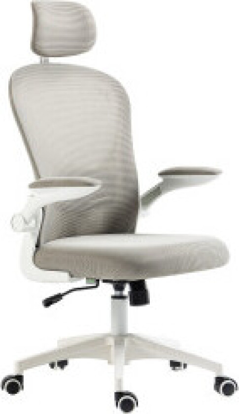Kontorstol med justerbar hodestøtte, ergonomisk skrivebordsstol med oppbrettbar arm, opptil 120 kg, grå