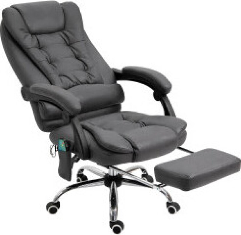 Kontorstol med massasje- og varmefunksjon, ergonomisk, 6 massasjepunkter, fotstøtte, fjernkontroll, polyester, 65 x 160 x 104 cm