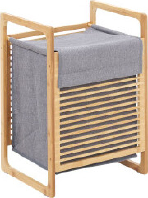 Skittentøyskurv med lokk, vaskeoppsamler, vaskeboks med vaskbar vaskepose, tøypose, bambus, polyester, natur + grå, 40x35x60,5cm