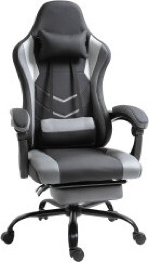 Gamingstol, høydejusterbar inkludert hodestøtte, justerbar korsryggpute med fotstøtter, ergonomisk, opptil 120 kg, svart