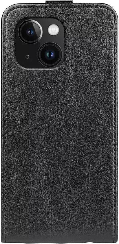 iPhone 15 Plus Vertikalt Flip Kunst Skinn Deksel med Lommebok - Svart