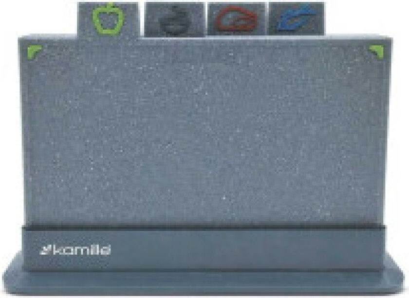 Sett med fire marmorerte skjærebrett i stativ.