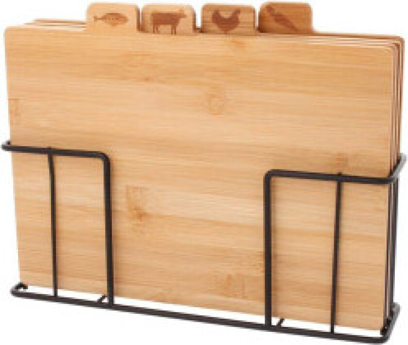 Sett med fire skjærebrett i bambus med stativ.