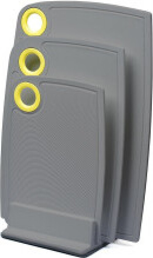 Sett med tre sklisikre skjærebrett med stativ.