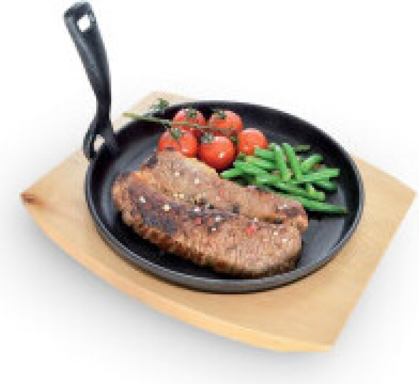 Tallerken, serveringsfat, støpejernspanne med skjærebrett i tre