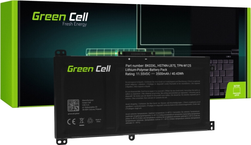 Green Cell - Batteri Til Bærbar Pc (Tilsvarer: Hp Bk03xl) - Litiumpolymer - 3-Cellers - 3500 Mah - 40.43 Wh - Svart - For Hp Pavilion X360 Laptop