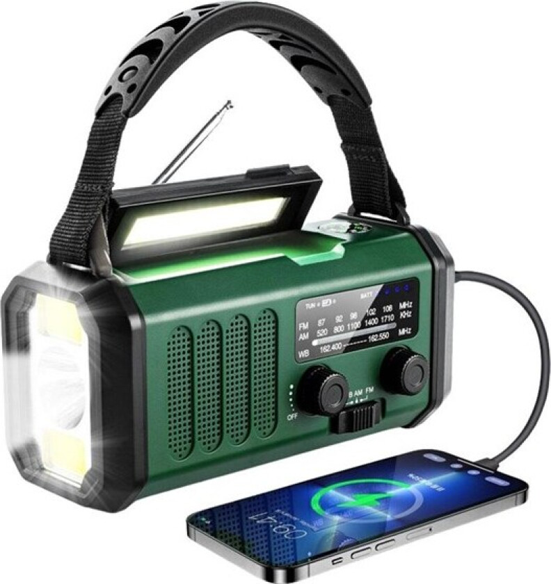 FM emergency radio hand crank solar panel compass 10.000 mAh power bank Green - AM/FM - Mono - Grønn