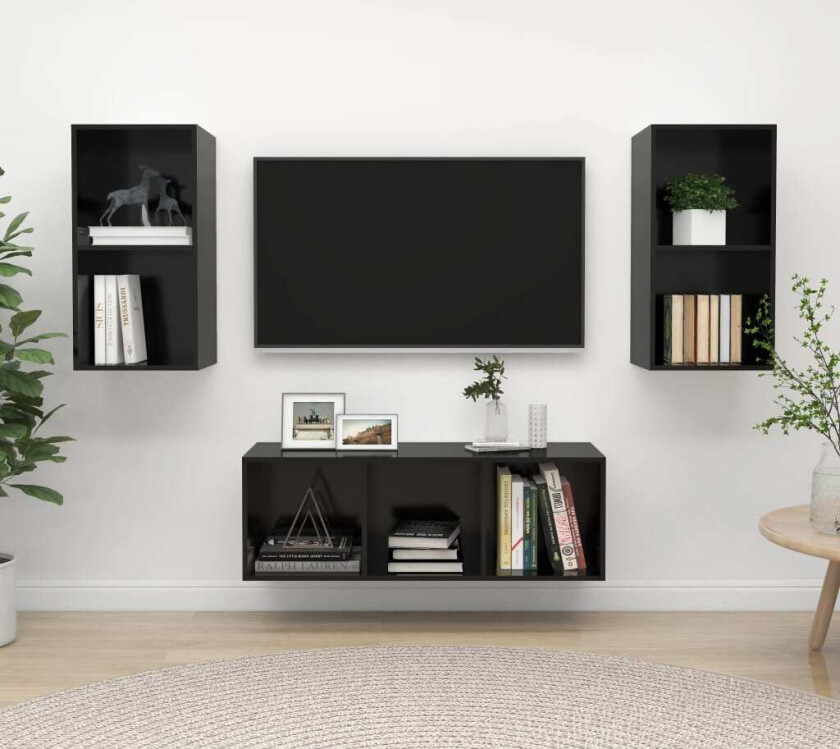 TV-benksett 3 deler høyglans svart sponplate