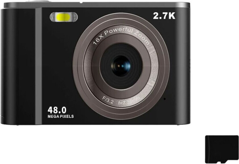 Digitalkamera 2,7K 48MP 1080P, 16x zoom, 32 GB minnekort Sort