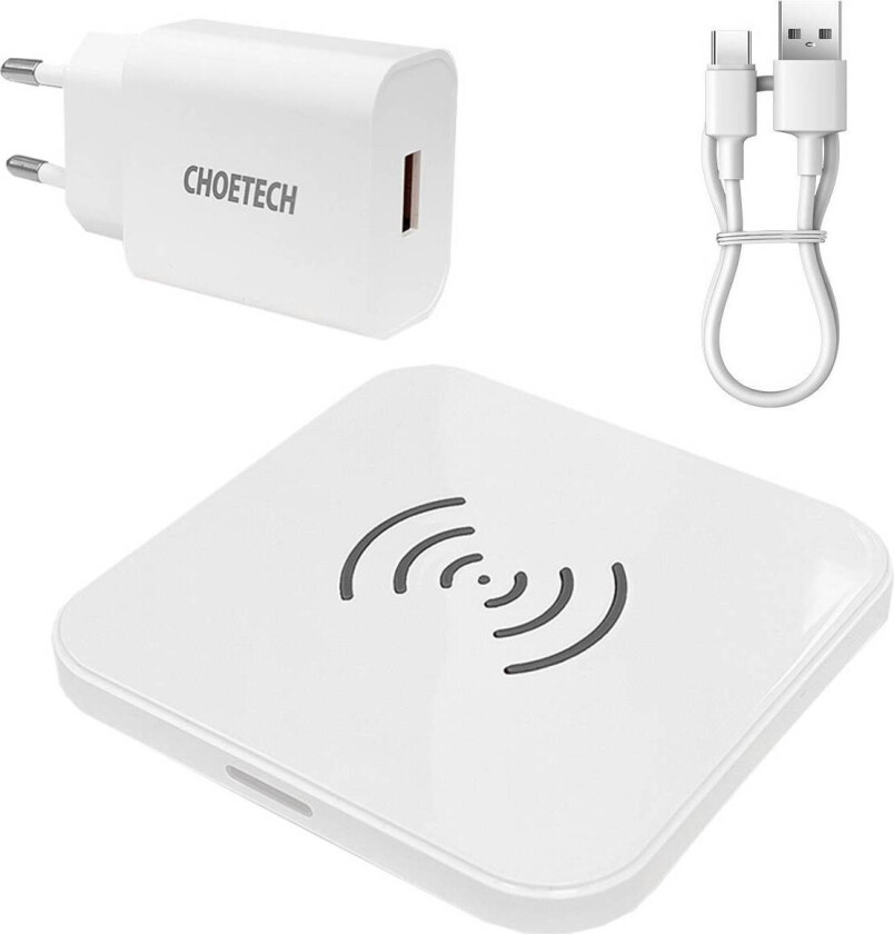10W Qi trådløs lader inkludert kabel og lader - Hvit