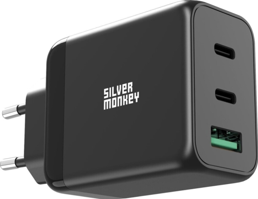 Silver Monkey Gan 65W Vegglader 2X Usb-C Pd 1X Usb-A Qc 3.0 - Svart