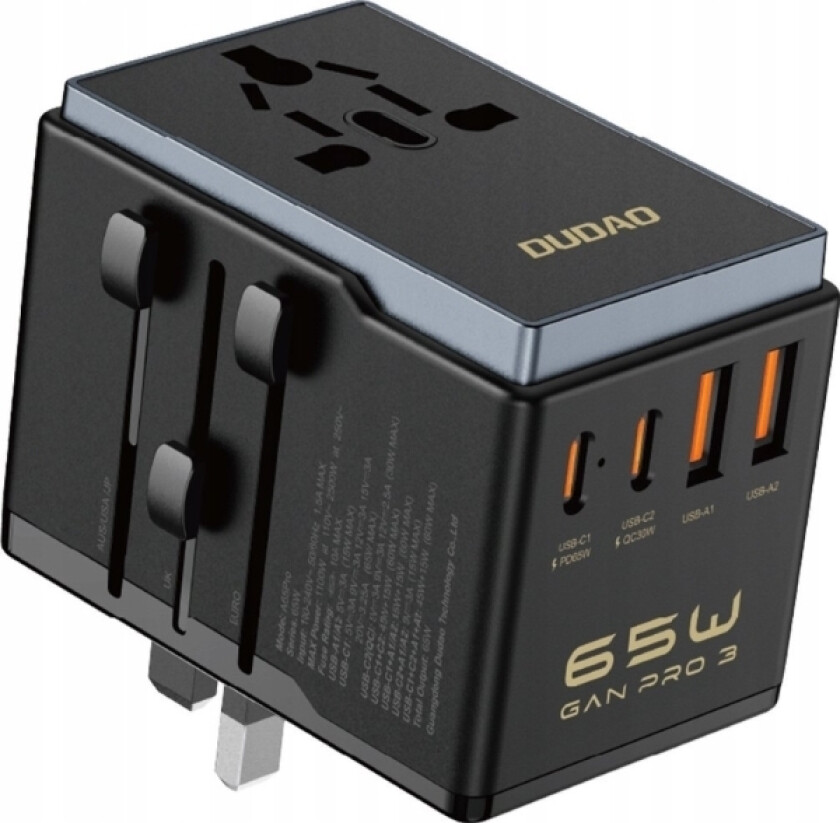 A65pro 65W Eu / Us / Jp / Aus / Uk Reiseadapter 2X Usb-C 2X Usb-A - Svart